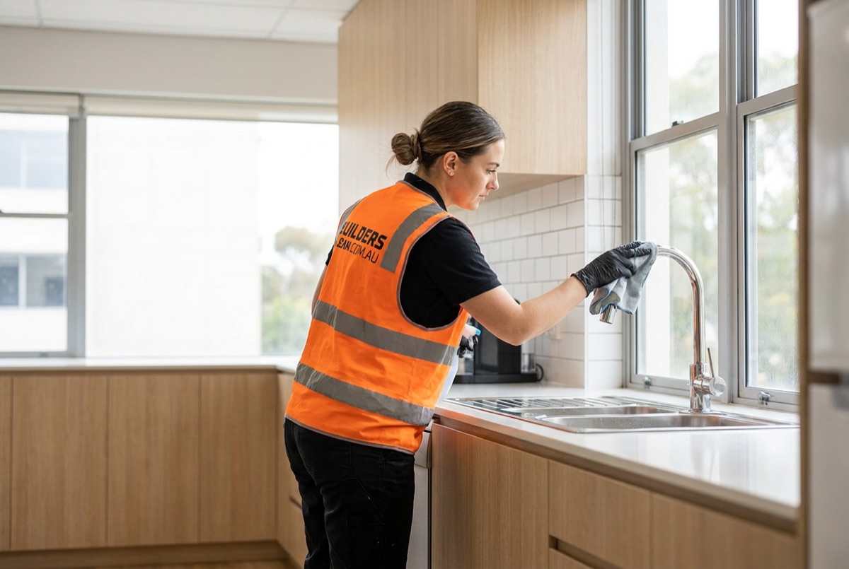 Builders Clean detail crew polishing fixtures at handover