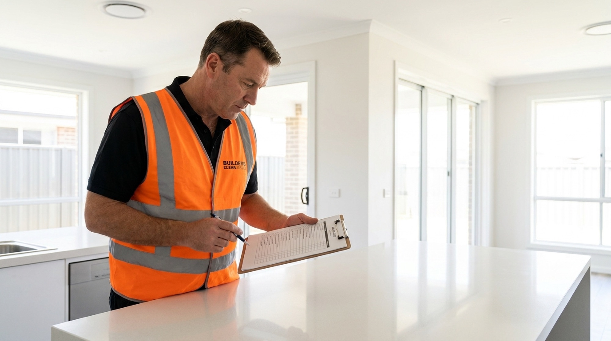 Builders Clean supervisor working through the handover checklist on site