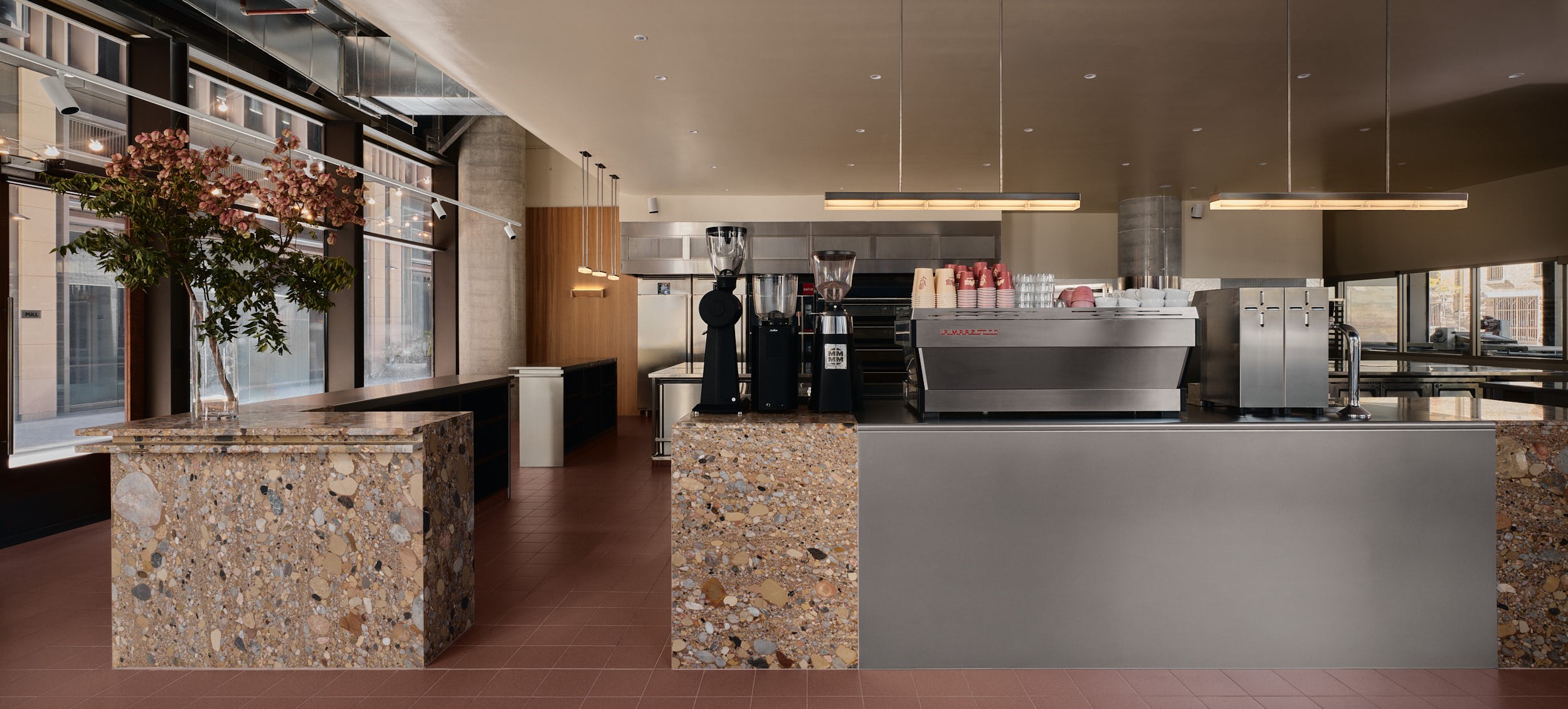 Terrazzo counter running the length of Banksia Bakehouse