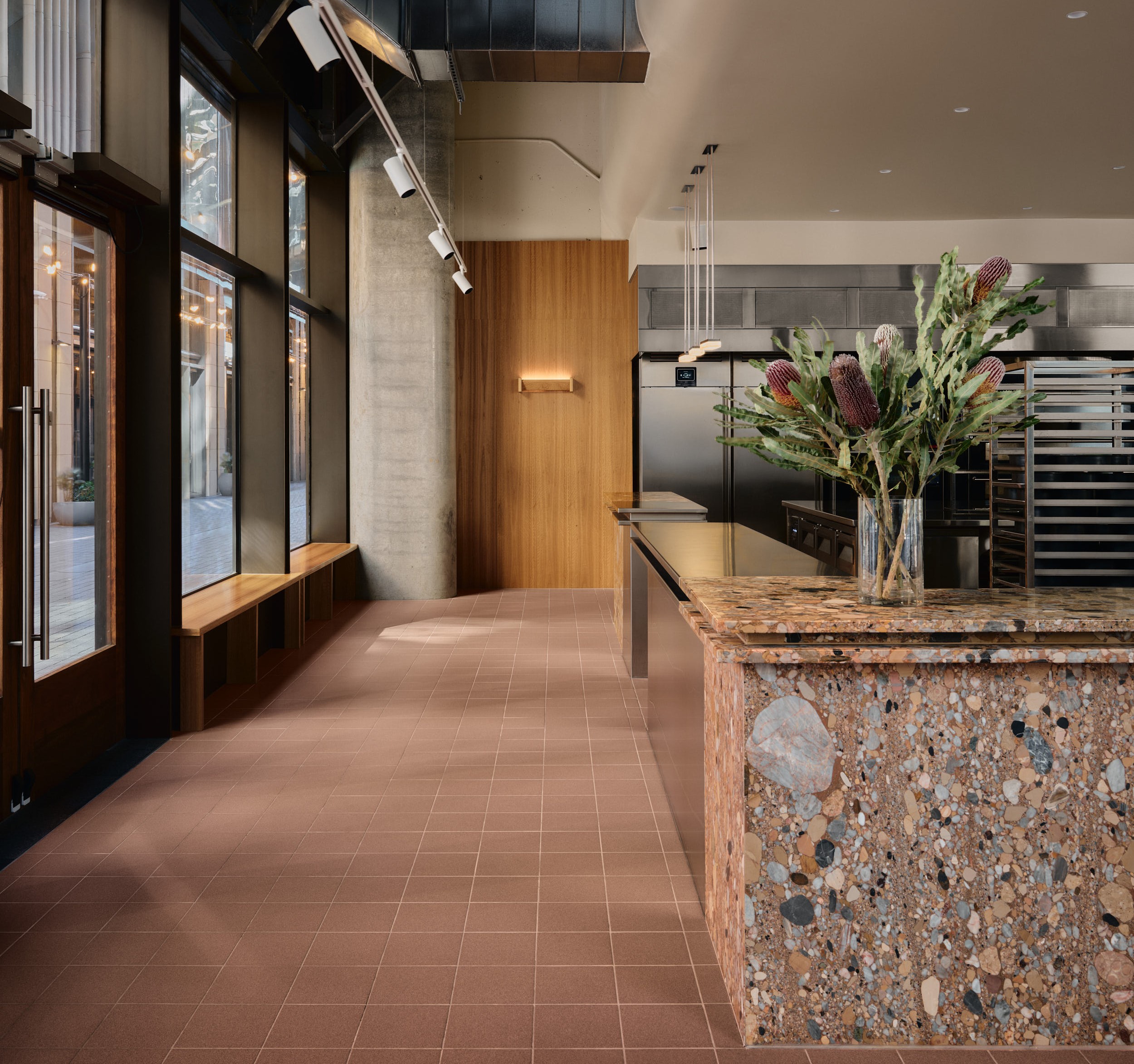 Shopfront glazing and terrazzo counter at Banksia Bakehouse