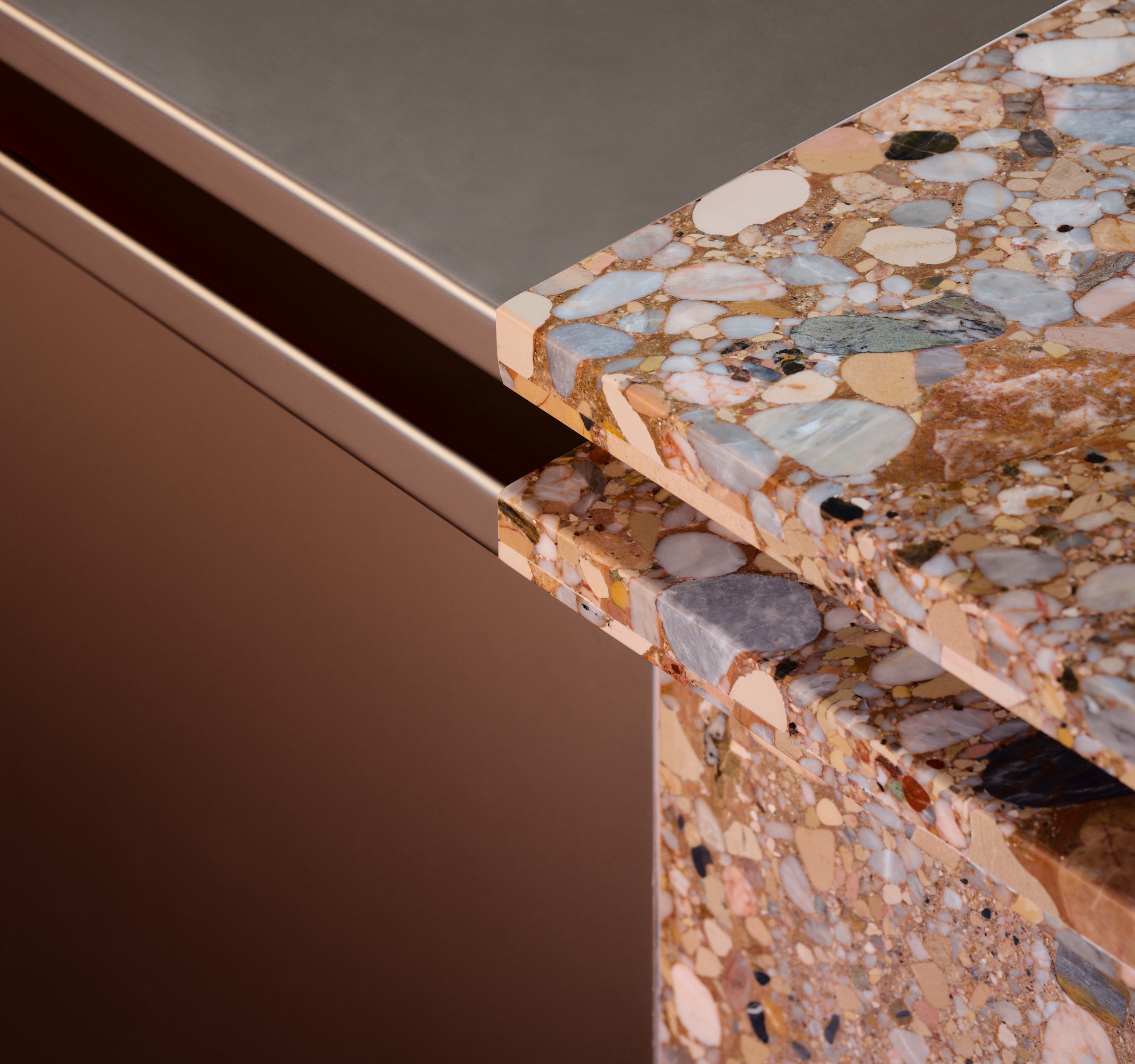 Copper and terrazzo detail at Banksia Bakehouse
