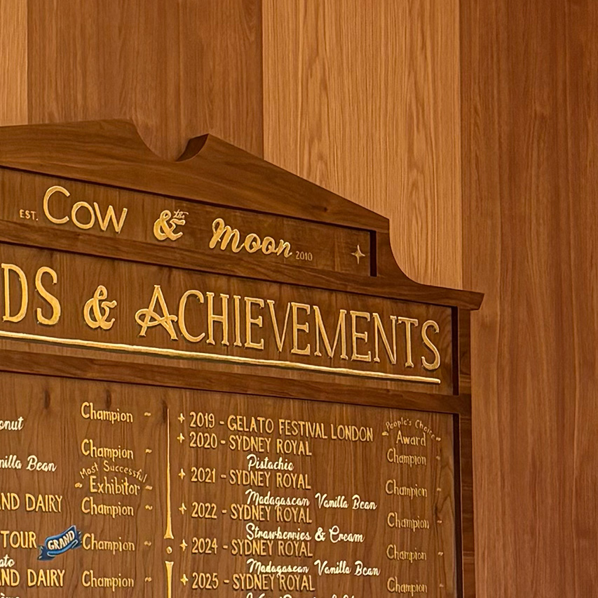 The Cow and The Moon awards board, world champion gelato since 2014