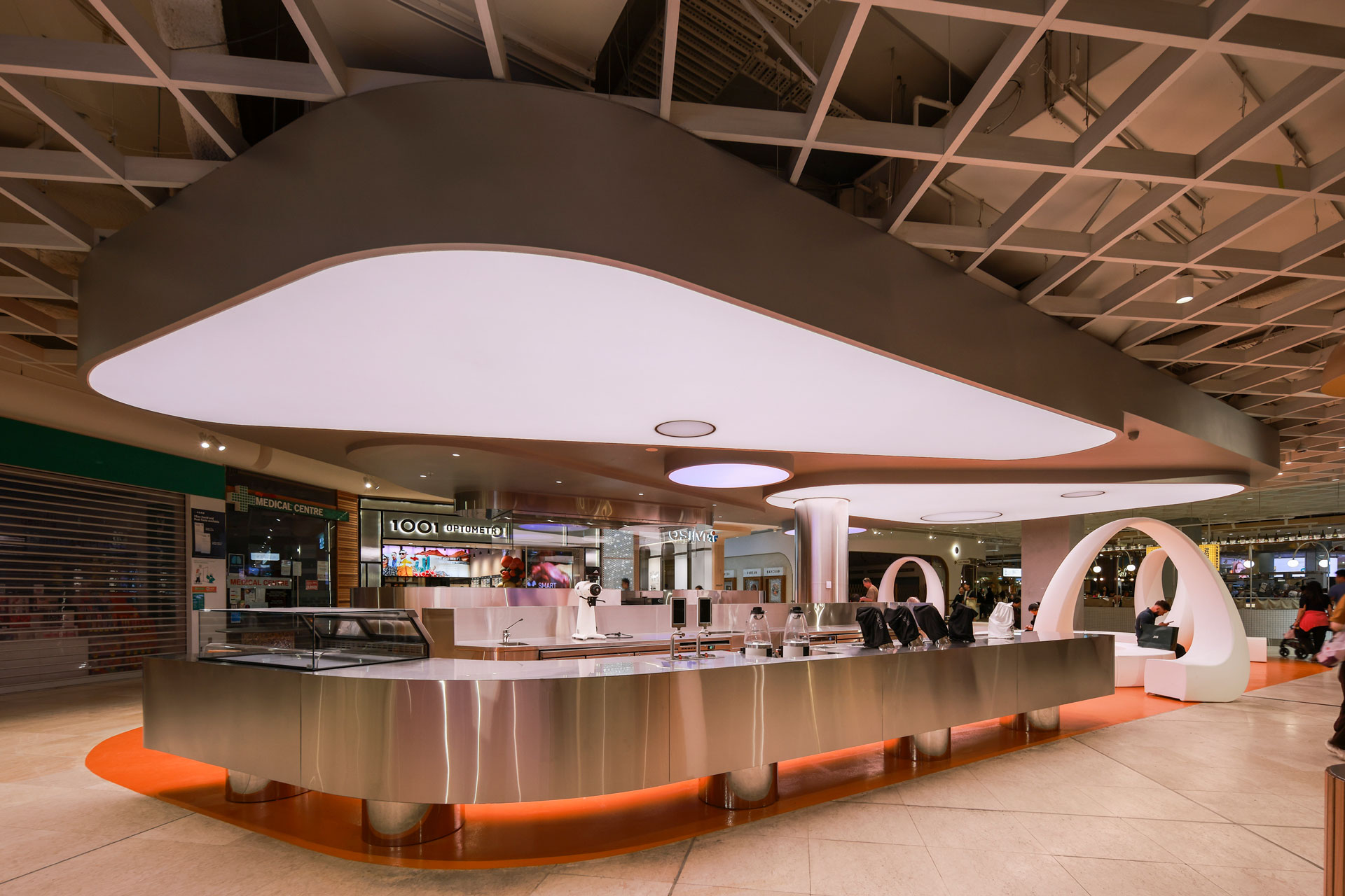 Stainless servery counter at Mobius Cafe and Dining