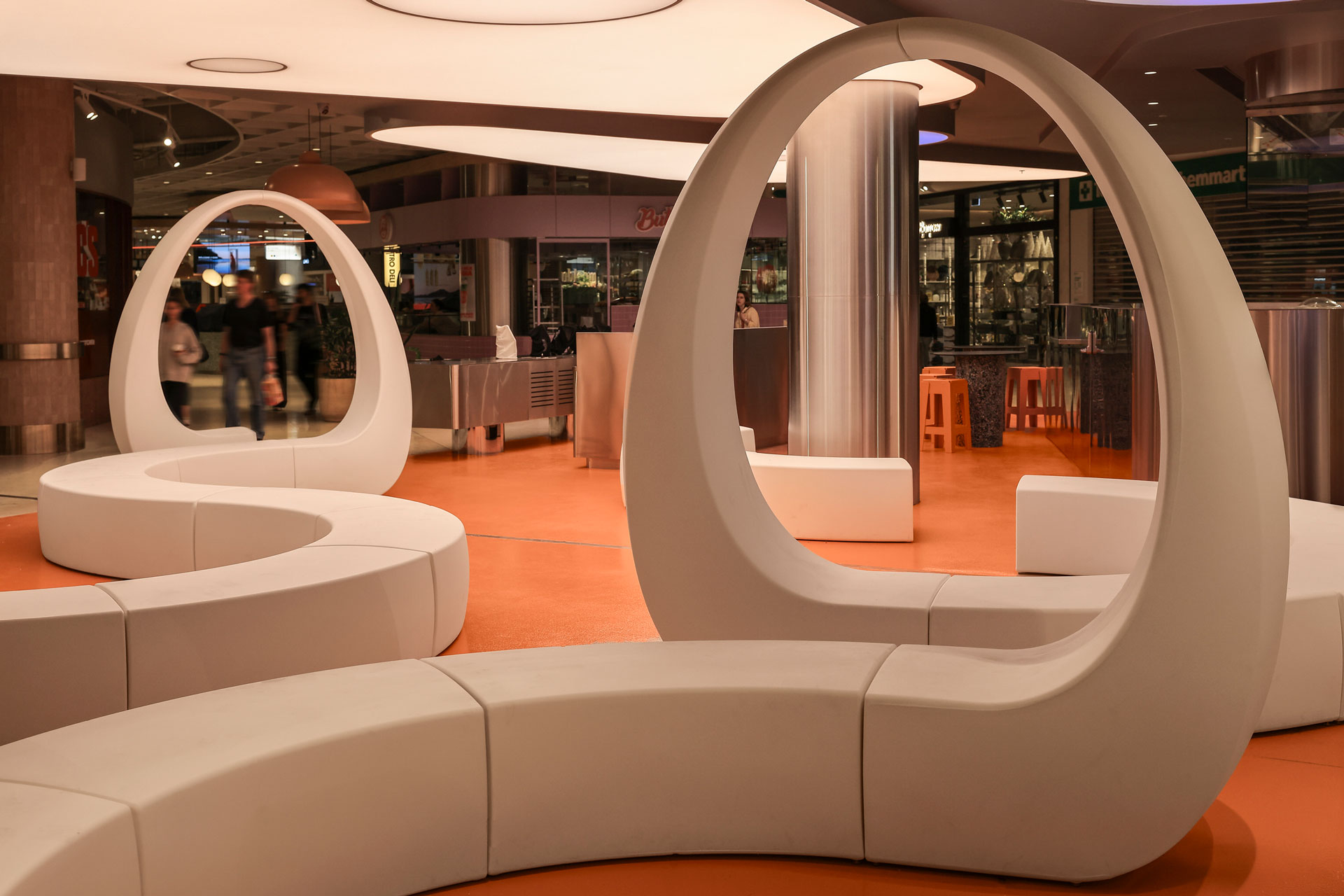 Sculptural seating pods at Mobius Cafe and Dining