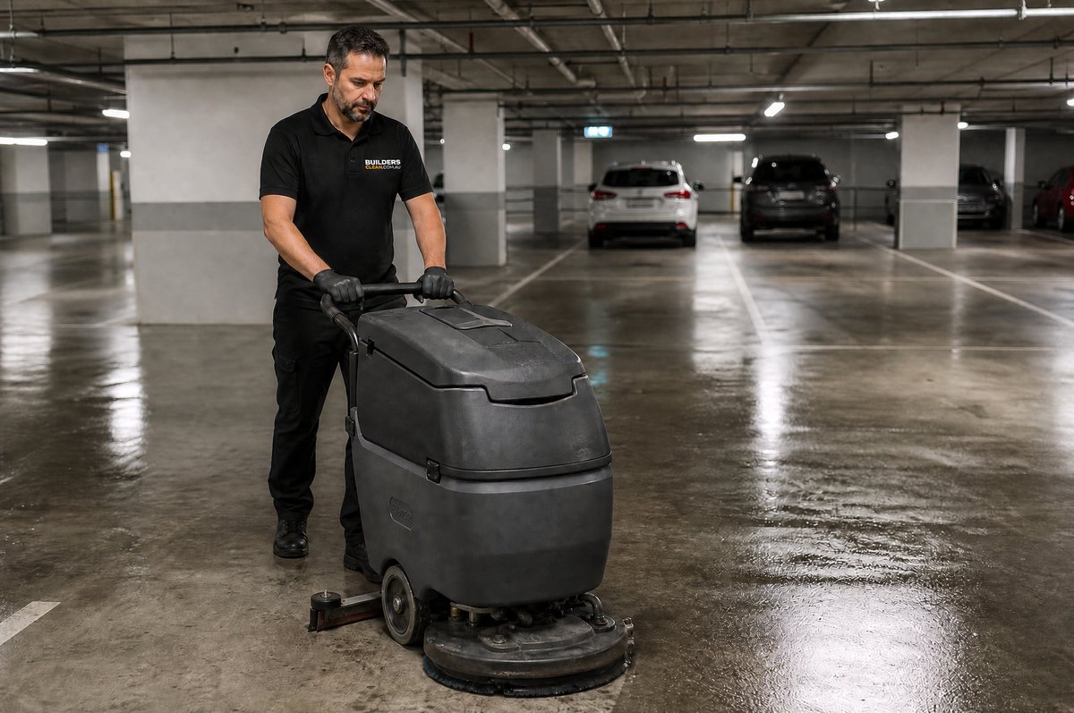 Builders Clean cleaner machine scrubbing an underground apartment car park
