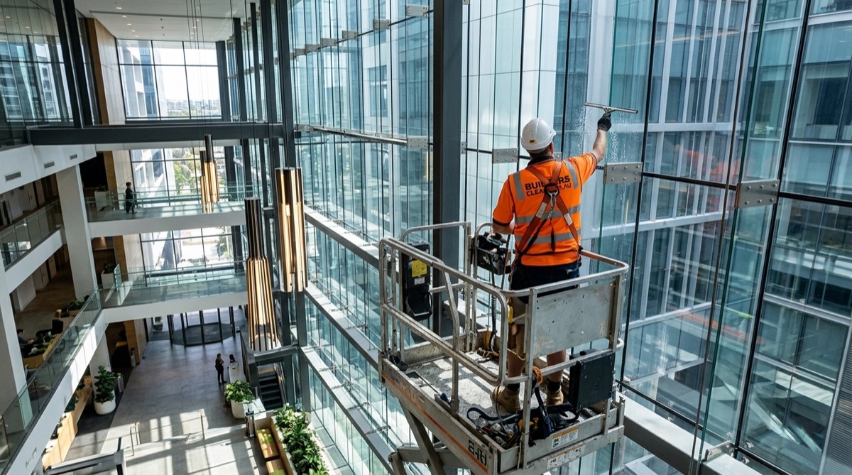 Builders Clean high access operator cleaning atrium glazing from an EWP